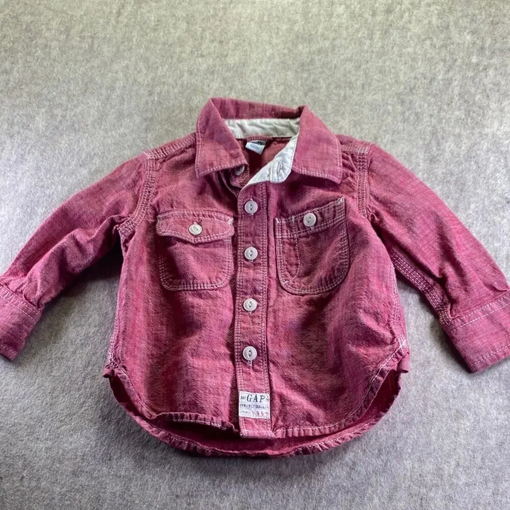 GAP Kids Red Button-Up Long Sleeve Collared 100% Cotton Shirt Size 12-18 Months
